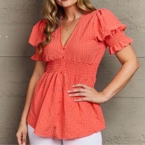 NWT Whimsical Wonders Coral V-Neck Puff Sleeve Button Down Top